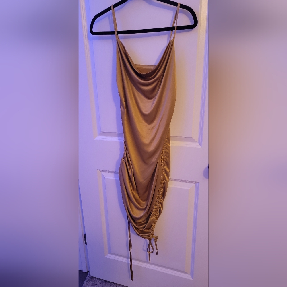 Elegant Gold Ruched Satin Adjustable Dress Size M